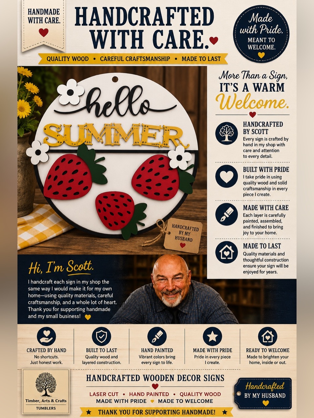 Handcrafted “Hello Summer” Strawberry Wooden Decor Sign